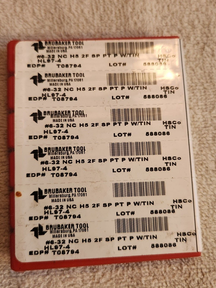 Lot of 6ea. BRUBAKER 6-32 NC H5 2fl. Spiral Point HSCo TiN HL97-4 Taps – new
