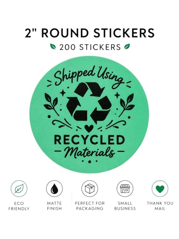 200 Recycled Packaging Stickers 2” Green Round Small Business Labels
