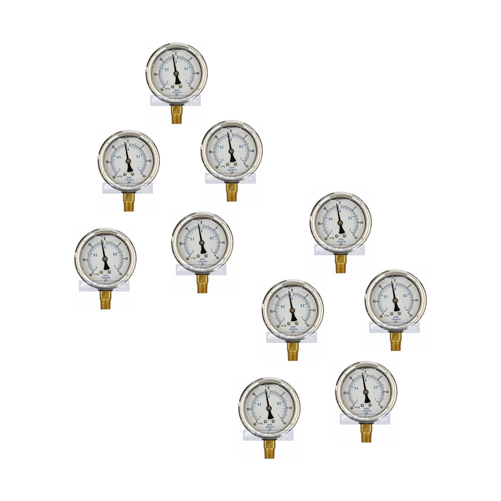 10 PACK LIQUID FILLED VACUUM GAUGE -30-15 PSI, 2.5″ FACE, 1/4″ NPT LOWER MOUNT