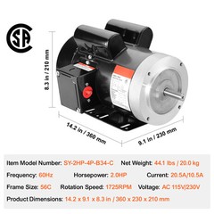VEVOR 2HP Electric Motor 1725RPM AC 115V/230V 56C Frame 1-Phase 5/8″ Keyed Shaft