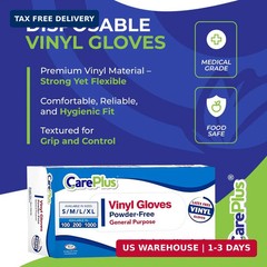 CARE PLUS Latex-Free Vinyl Gloves Clear Large Size 100 Count | Heavy Duty, Non-S