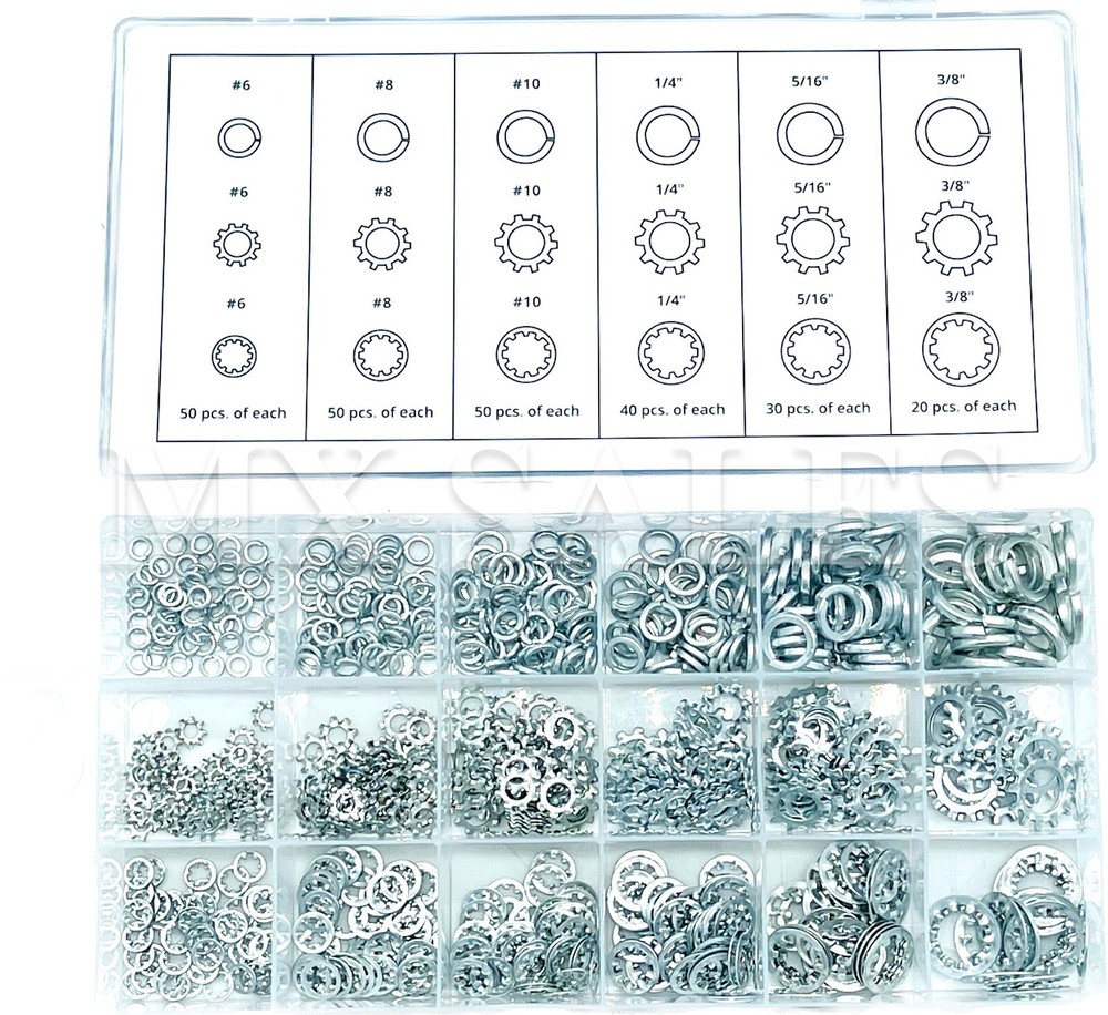 720pc ASSORTMENT SPRING LOCK EXTERNAL & INTERNAL TOOTH LOCK WASHER SET 18 SIZES