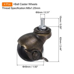 2 Inch Ball Caster Wheels with Brake, 4pcs Threaded Stem Caster, Bronze Tone