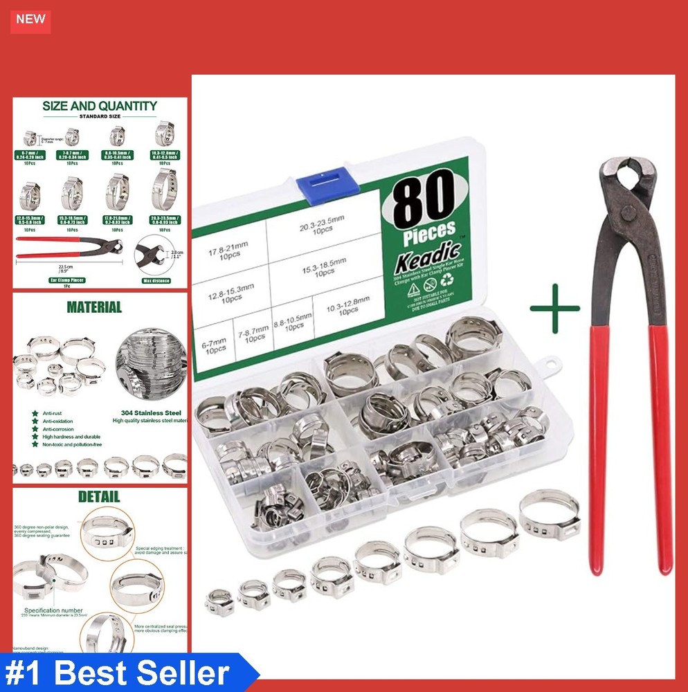 81Pcs Single Ear Hose Clamps Set 6-23.5mm Stepless Stainless Steel with Pincer