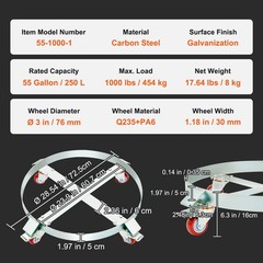 VEVOR 55 Gal Drum Dolly Heavy Duty Barrel Cart 1000lbs with Swivel Casters Steel