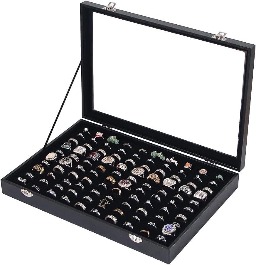 Ring Holder Organizer Box, Jewelry Display 100 Slots Ring, Black Large Size