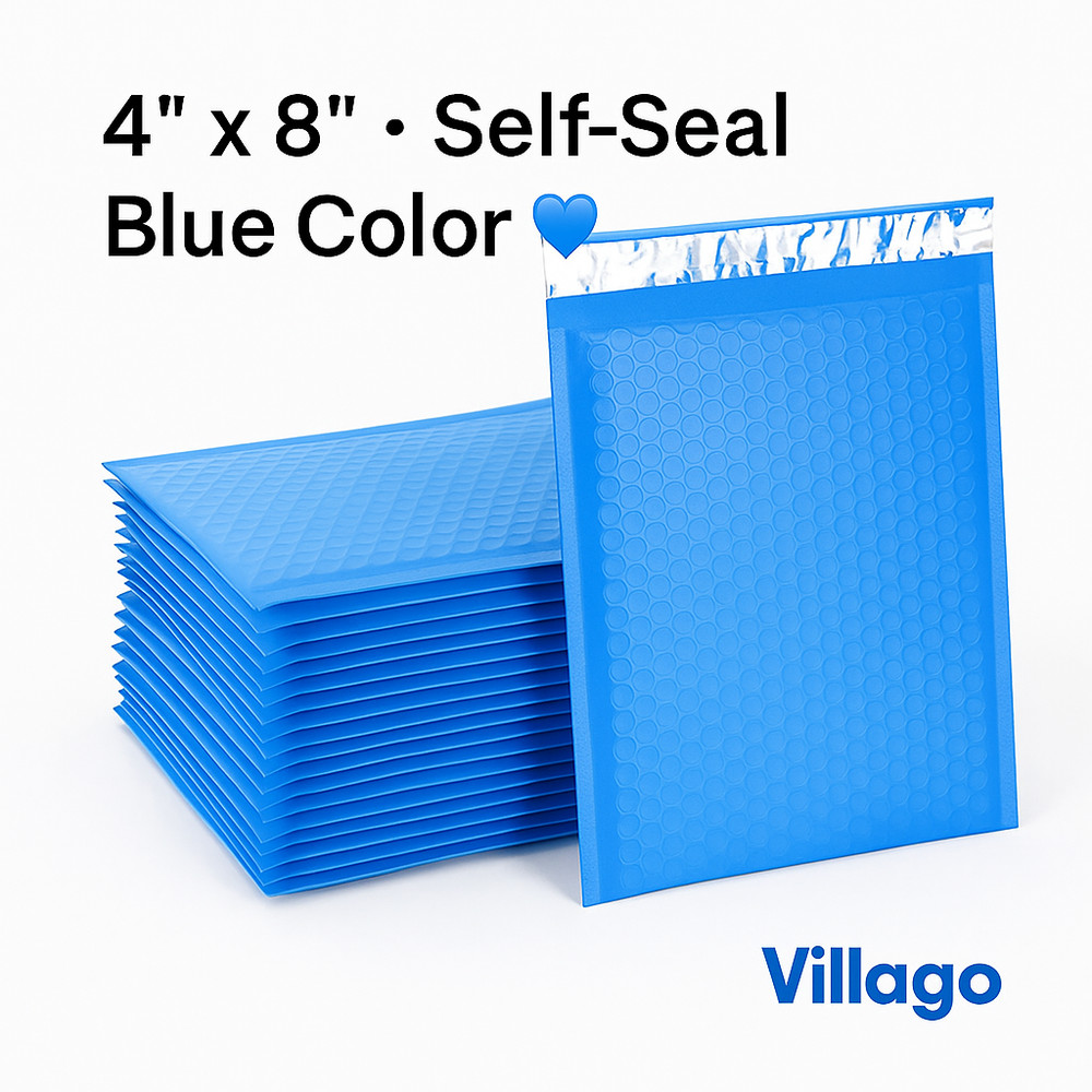 Villago #000 Blue Bubble Mailers 4×8 Self-Seal Padded Envelopes – 50/100/1000
