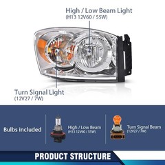 Right Headlight w/Bulbs Dodge Ram 1500 2500 3500 2006-2009 Clear Amber Halogen