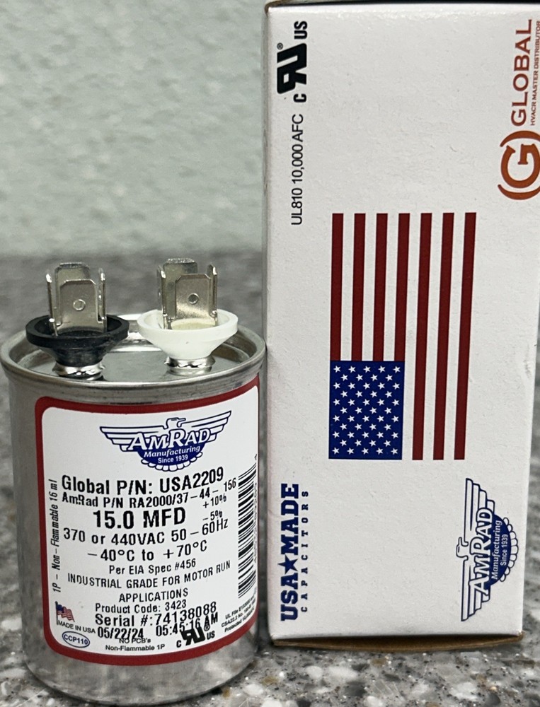 AmRad Round Run Capacitor 15 MFD 370/440 VAC USA2209