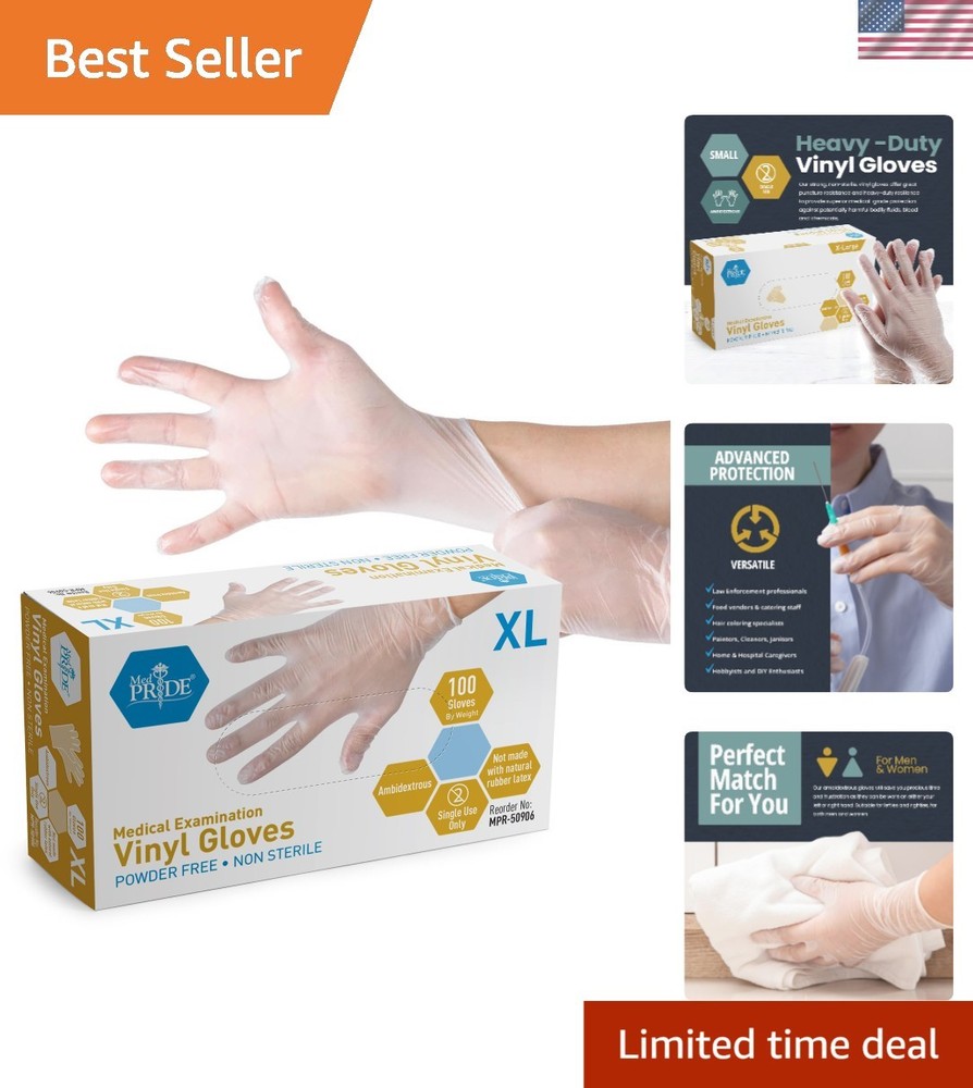 Versatile X-Large Disposable Vinyl Gloves, Powder-Free, Pack of 100 for Safety