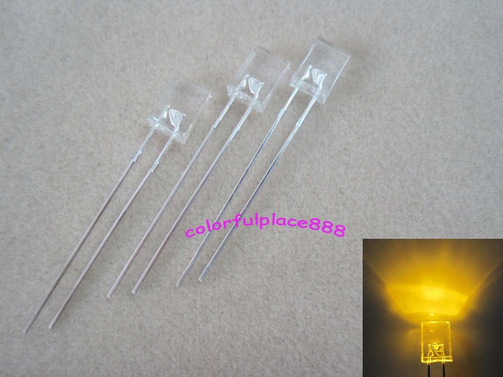 100pcs New 2x5x7mm Yellow Water Clear Rectangle Rectangular LED Leds + R for 12V