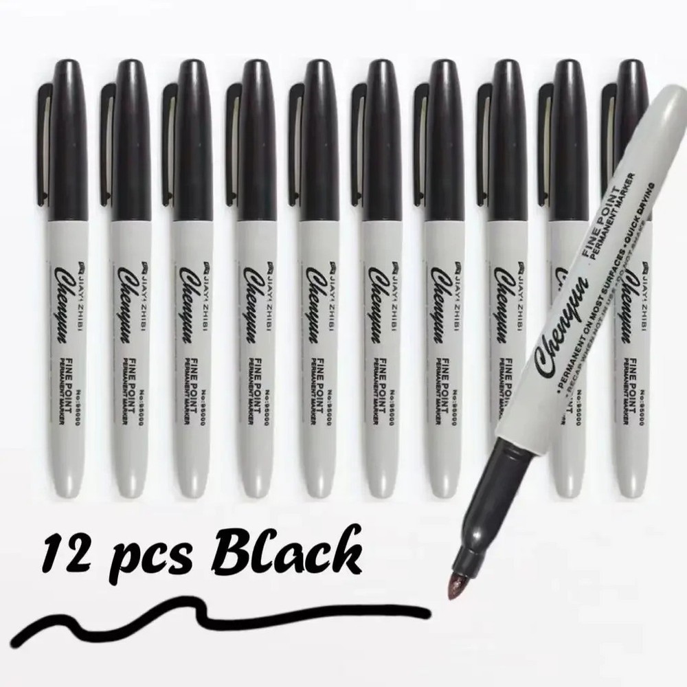 12pcs Black Permanent Marker Pens Fine Tip Waterproof Quick Dry Ink-USA