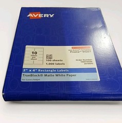 Avery Presta 94207 2×4 Labels Trueblock Matte WhitePaper 100 sheets 1000 labels
