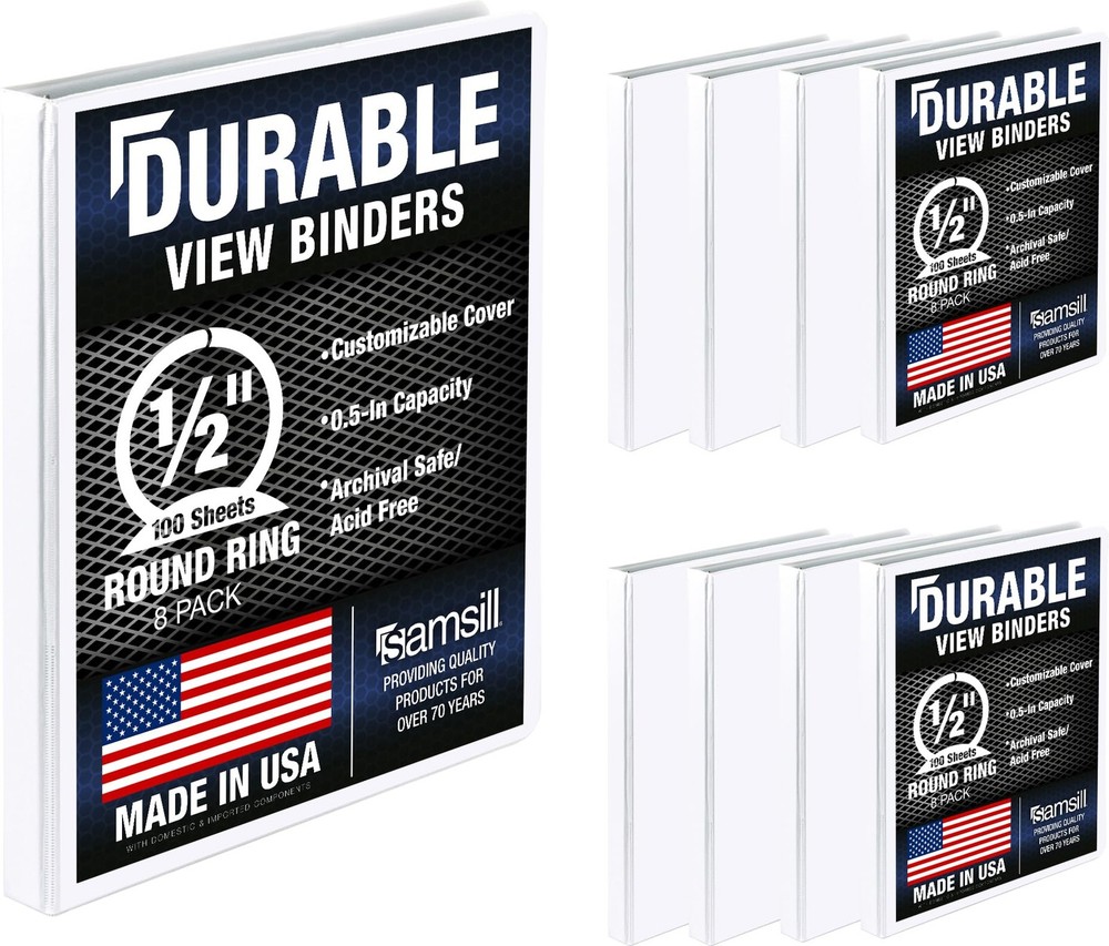 Samsill 8 Pack Durable 0.5 Inch 3 Ring Binders, Round Ring, 0.5-Inch, White