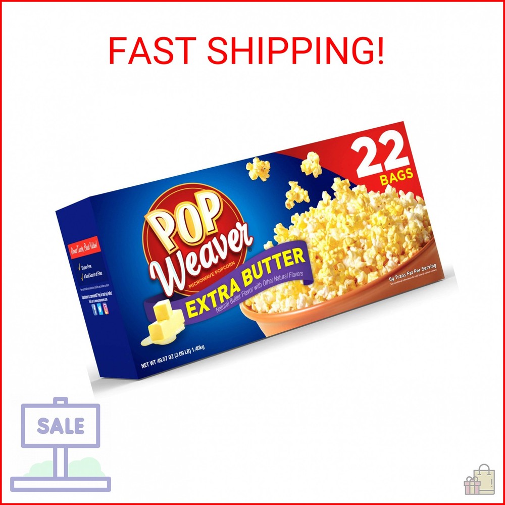 Pop Weaver Microwave Popcorn, Extra Butter, 22 Bags per Box…