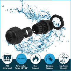 10 Pack 1/2″ NPT Strain Relief Nylon Cord Grip, IP68 Waterproof Adjustable Cable