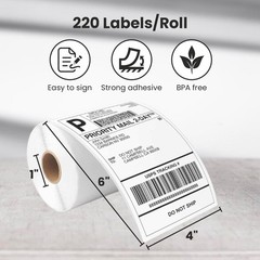 CEPRICO 4”x 6” Direct Thermal Shipping Labels – 1 Roll (220 6”, White