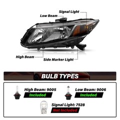 Headlight Pair w/Bulbs 12-15 Civic 4D 12-13 2D Halogen Black Housing LH+RH Amber