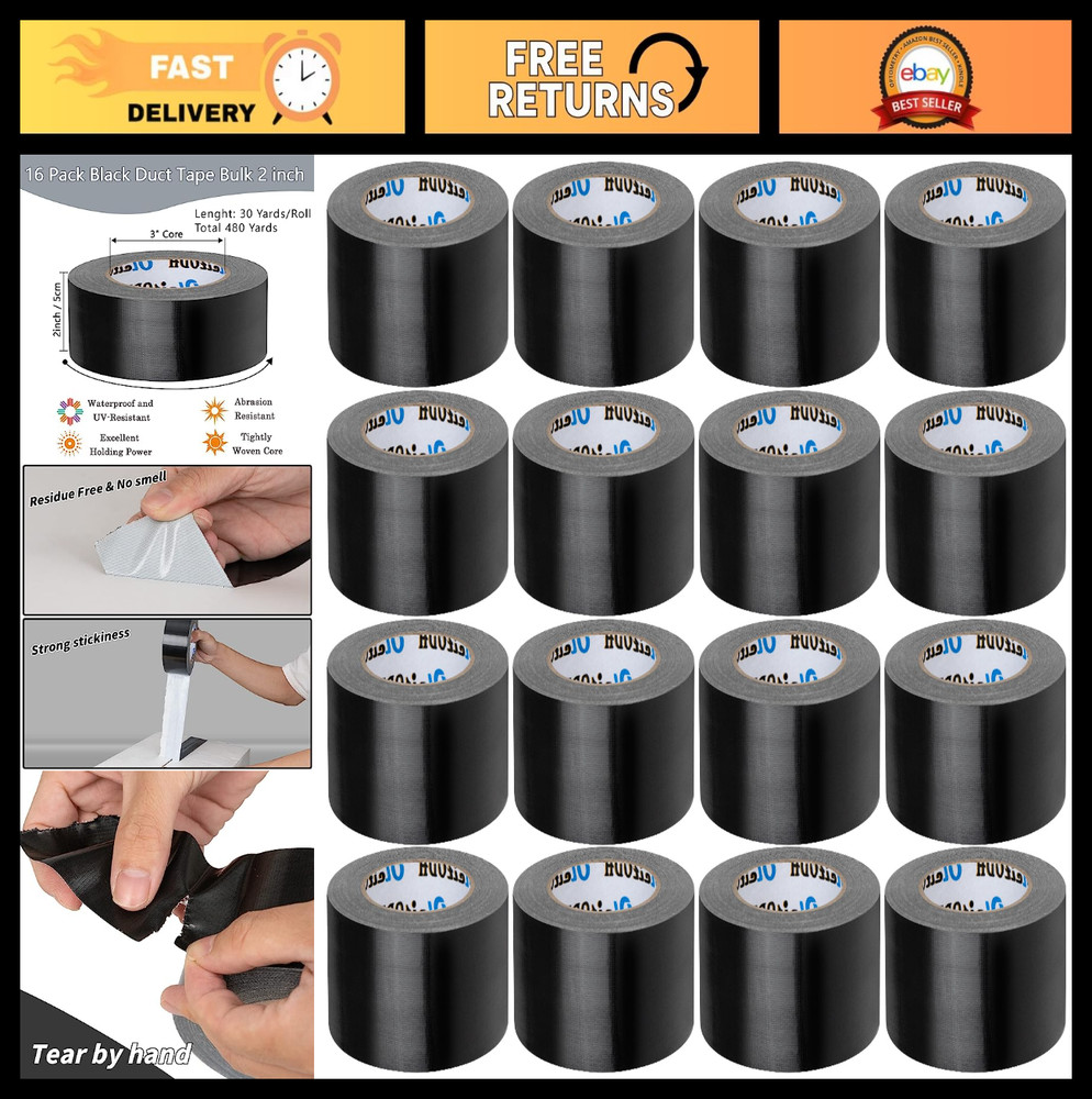 16 Pack Heavy Duty Black Duct Tape, 2″ x 30 Yards, Waterproof, No Residue, Multi
