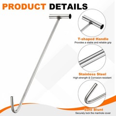 2Pcs Manhole Hook 19.7 Inch T-Shaped Lid Manhole Cover Lifter with Blunt Tip
