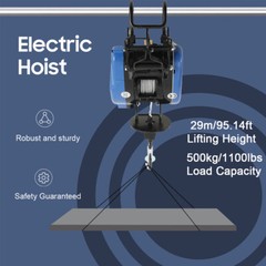 1600W Electric Hoist 1100lbs Portable Crane Winch with Remote Control 29m Lift
