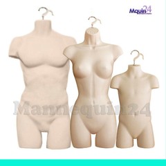 3 Mannequin Torsos – FLESH Muscle Male Female & Child Dress Form Set w/ 3Hangers