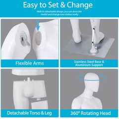 Male Mannequin Dress Form 73″ Adjustable Stand w/Base White Mannequin Full Body