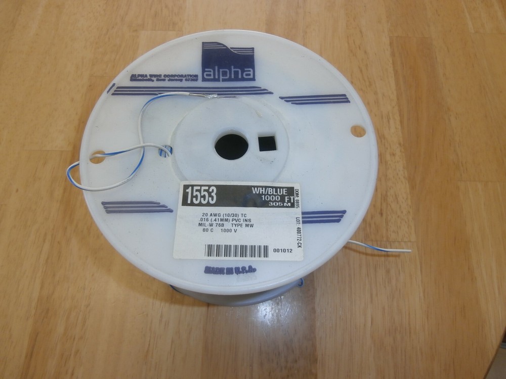 900 FT ALPHA WIRE 1553 WHITE/BLUE 20AWG STRANDED HOOK UP WIRE,NOS