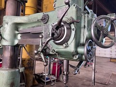 4′ x 11″ Radial Drill, Carlton, power elevation & clamp. Tilting Box Table.