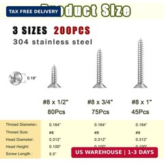 200PCS 304 Stainless Steel High Hardness Wood Screws Assortment Kit, 3 Sizes #8×