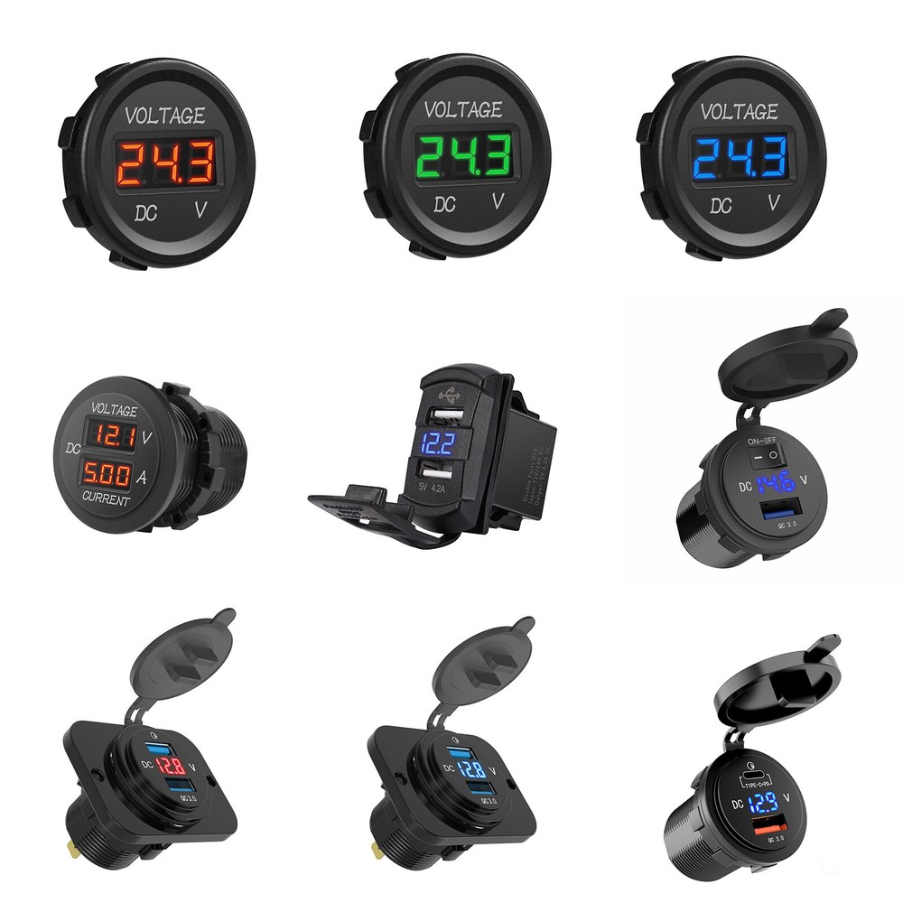 Car ATV Auto Dual USB Charger LED Digital Voltage Amp Gauge Ammeter Voltmeter