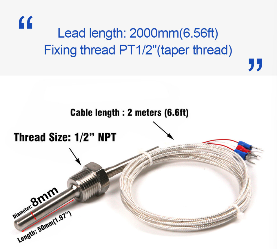 1/2″ NPT Thread Pt100 RTD Temperature Sensor Probe with Wire -50 to 250°C / -58F