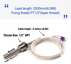 1/2″ NPT Thread Pt100 RTD Temperature Sensor Probe with Wire -50 to 250°C / -58F