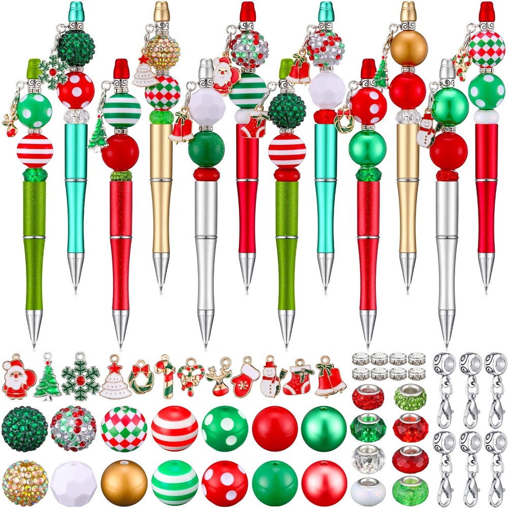 Fuutreo 12 Set 126 Pcs Christmas Beadable Pens Kit Silicone Plastic Wooden Be…