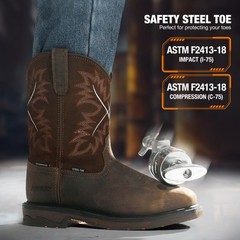 NINGO Men Steel Toe Waterproof Work Boots Leather Square Toe Western Cowboy Boot
