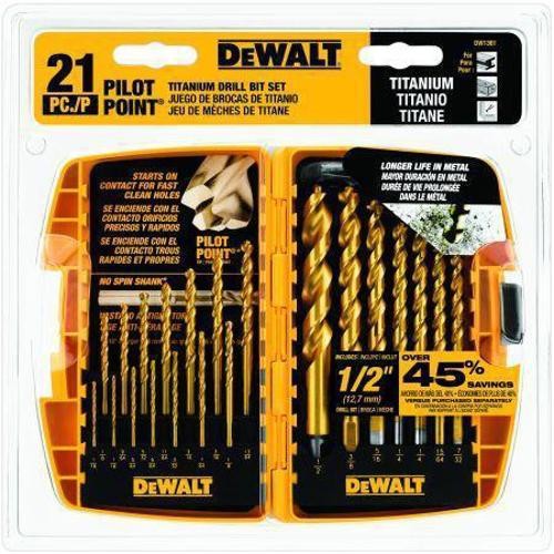 1Pc DEWALT DW1361 Drill Bit Set, Pilot Point, Titanium, 21 Piece
