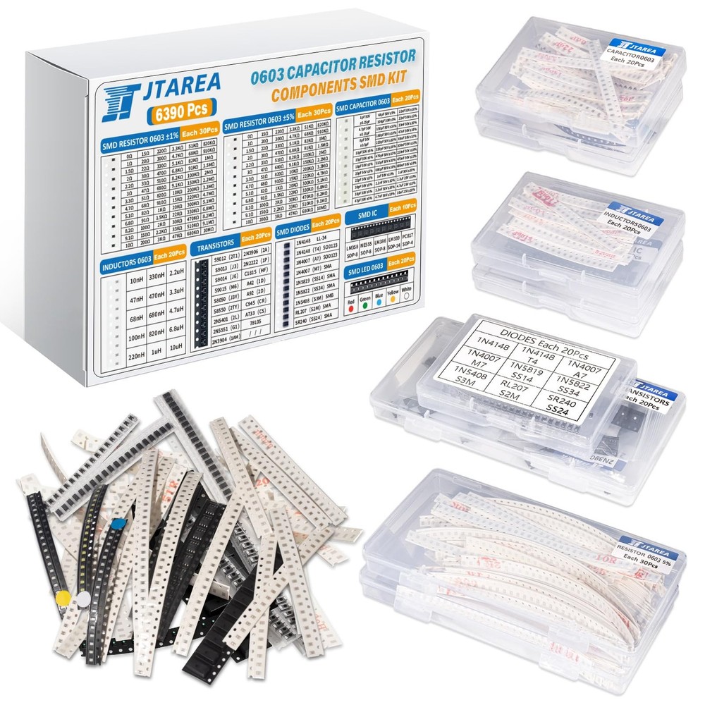 JTAREA 6390pcs 0603 SMD Electronic Component Kit 1% 5% Resistor Capacitor Dio…