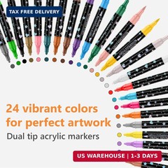 24 Colors Dual Tip Acrylic Paint Marker Pens Set, Multifunctional Acrylic Tips w