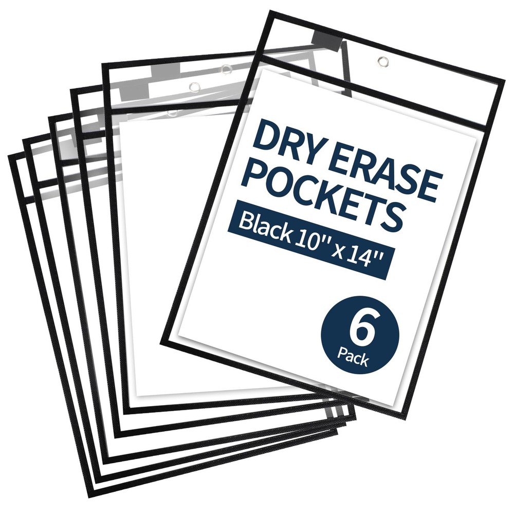 Ufamrine 6 Pcs Dry Erase Pockets Sleeves Black, Job Ticket Holders (10″ * 13″…