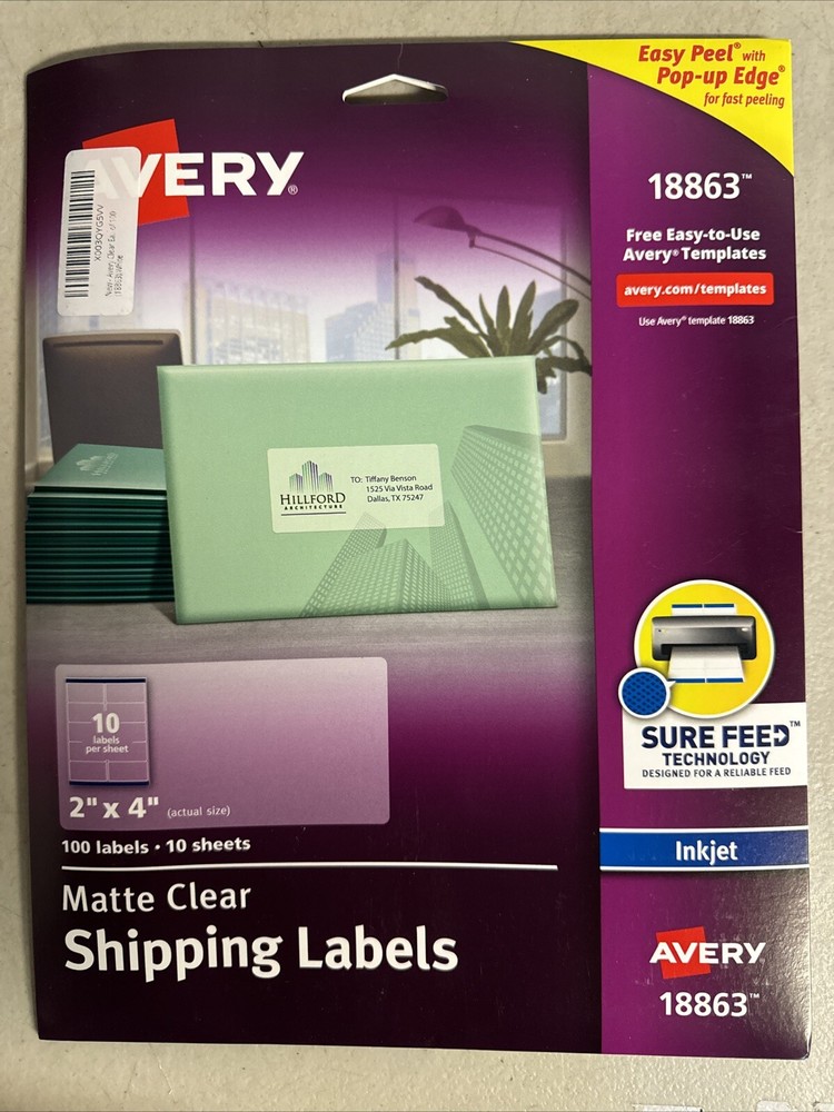 Avery 18863 Easy Peel Shipping Labels 100 labels – 10 Sheets 2″ x 4″ Clear