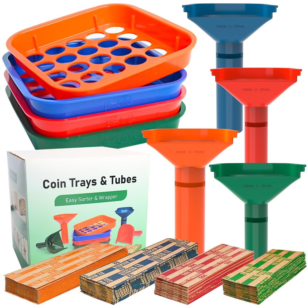 Coin Sorter Tray & Tube Set – 4 Color Coded Coin Separators + 100 Assorted Wrapp