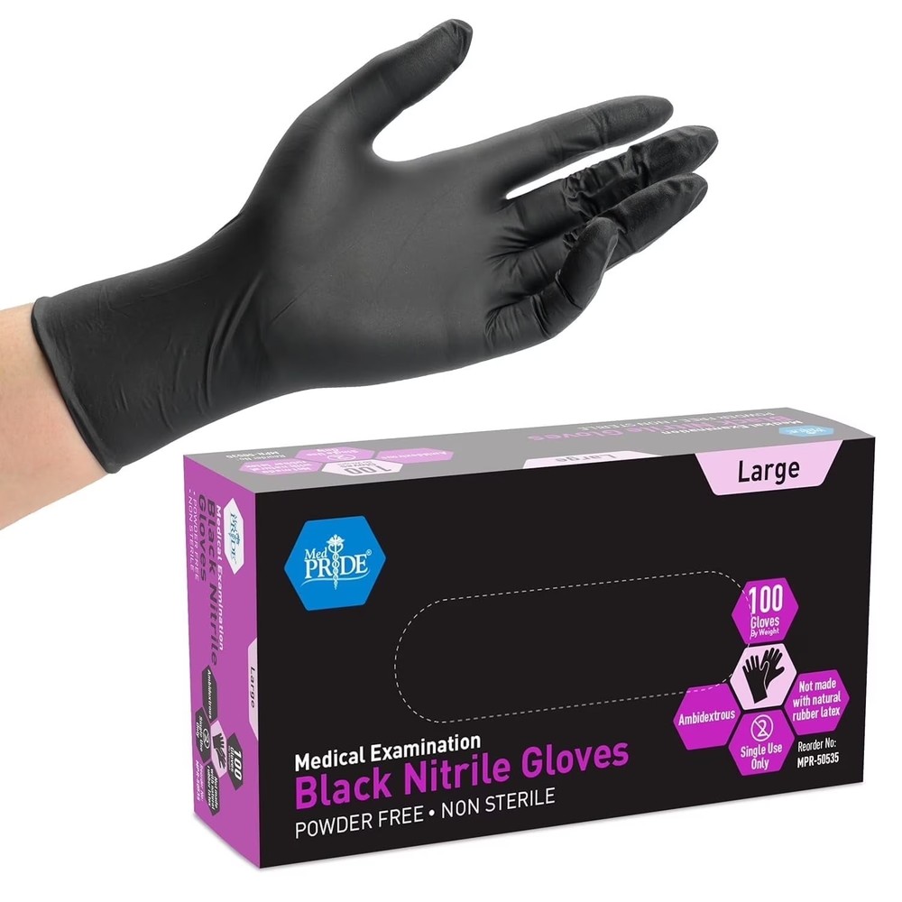 MedPride Nitrile Gloves Powder-Free, Large, Black, 100-Pack
