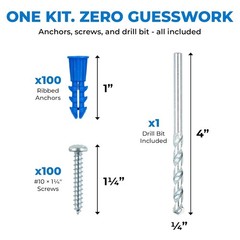 Drywall Anchors and Screws Kit with Drill Bit – 100 Anchors & 100 Screws for …