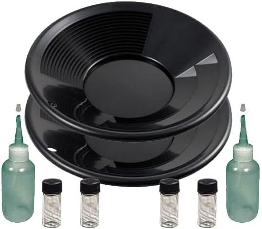 Sluice Monkey 2 Pack of 10 inch Black Gold Pans, 4oz Sniffers, Vials