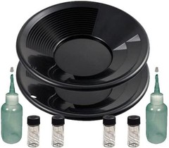 Sluice Monkey 2 Pack of 10 inch Black Gold Pans, 4oz Sniffers, Vials