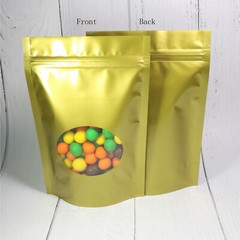 Smell-Proof Glossy Gold Stand-Up Zip Seal Pouch w/ Window in Many QTY (6.3×8.7″)