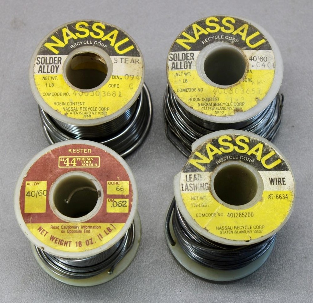 FOUR SPOOLS OF NASSAU, KESTER SOLDER & LEAD LASHING LOT • TOTAL 3 LB. 14 OZ.
