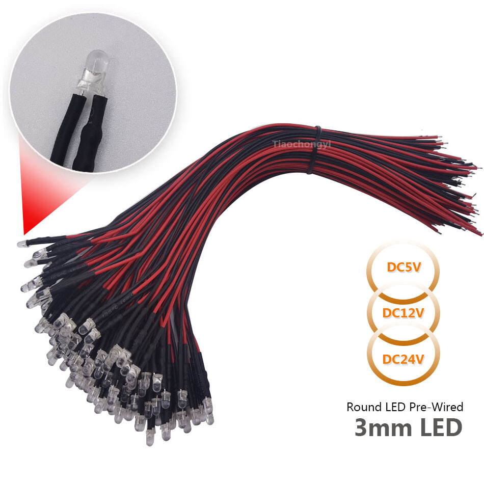 3mm 5mm led diode 20cm Pre-wired DC5V 12V 24V Red Green white led Lamp 10pcs