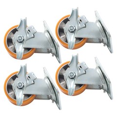 4″ Side Brake Polyurethane Plate Casters, 3200 Pounds, Silver + Qrange, 4 Pieces