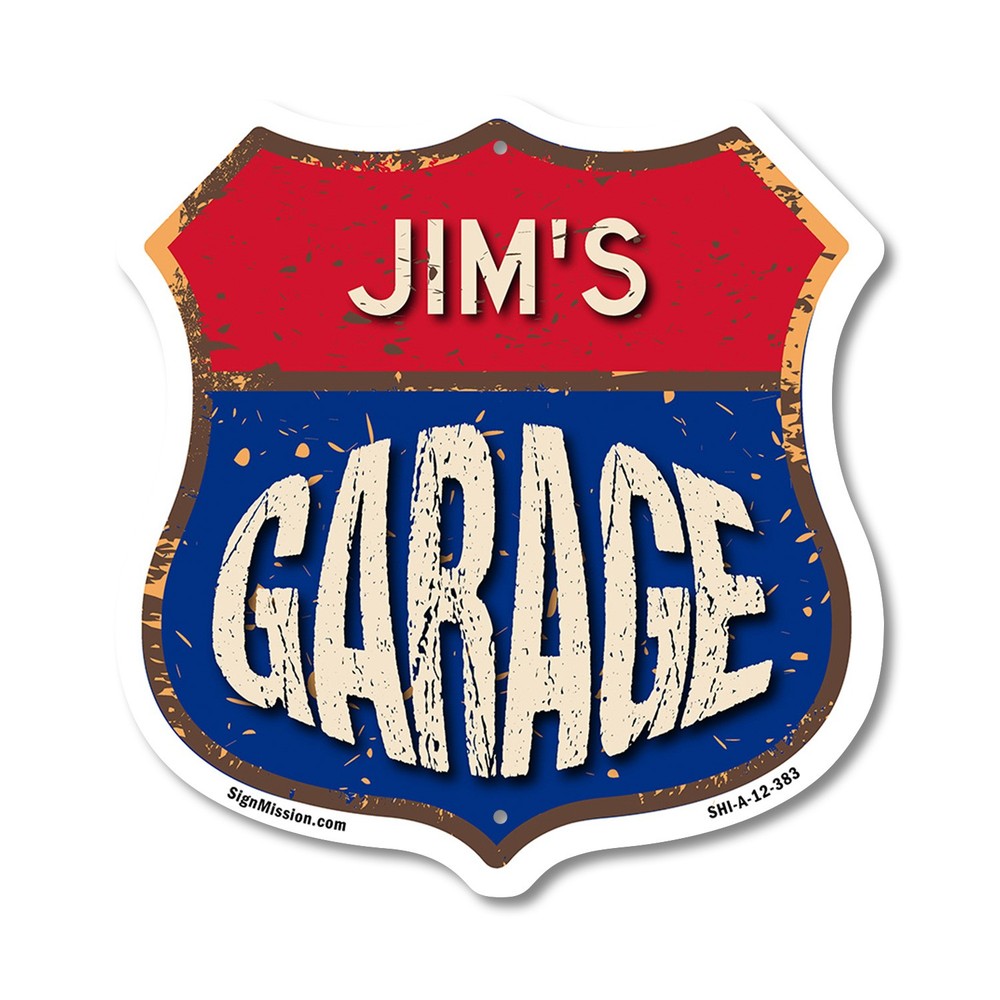 Jim’s Garage Shield Shaped Sign Weather Resistant Crafted in the USA